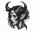 A full black, dark and expressive tattoo depicting a succubus woman whose face is indistinct, shrouded tattoo design idea