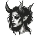 A full black, dark and expressive tattoo depicting a succubus woman whose face is indistinct, shrouded tattoo design idea