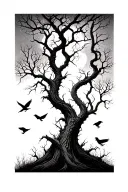 Silhouetted Forest: Twisted, leafless trees stretching upward, with ravens perched on branches and a few in flight. tattoo design idea