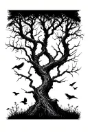 Silhouetted Forest: Twisted, leafless trees stretching upward, with ravens perched on branches and a few in flight. tattoo design idea