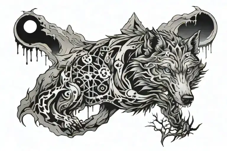 Wolf, Night, Cross on Mountain Top tattoo design idea