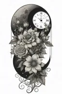 An intricate tattoo of a boquet of roses, daisys, and cosmos flowers intertwined with the three moon phases tattoo design idea