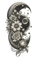 An intricate tattoo of a boquet of roses, daisys, and cosmos flowers intertwined with the three moon phases tattoo design idea