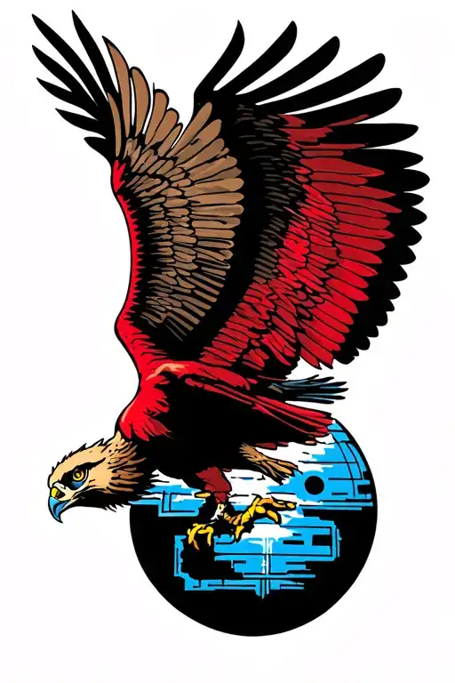 flying red tail hawk with death star in distance tattoo design idea
