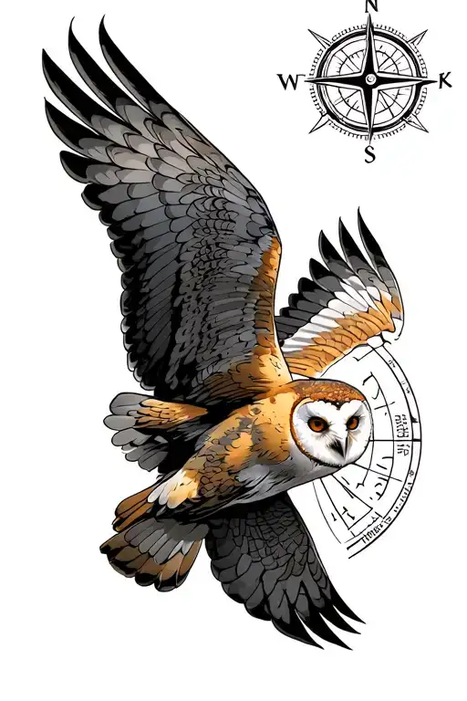 barn owl flying compass astrology background minimal tattoo design idea
