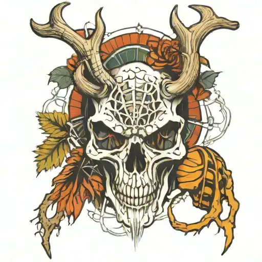 deer antler hog skull spider web tattoo design idea