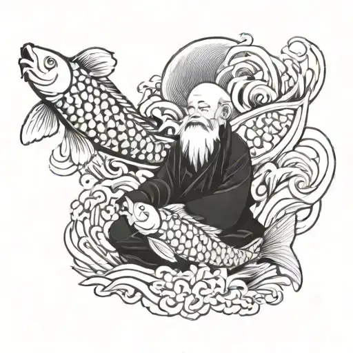 Lao Tzu in a Japanese-inspired tattoo design featuring a koi carp a temple tattoo design idea