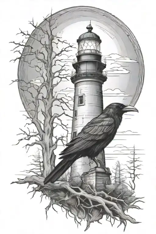 raven  with spooky lighthouse in the desolate forest tattoo design idea