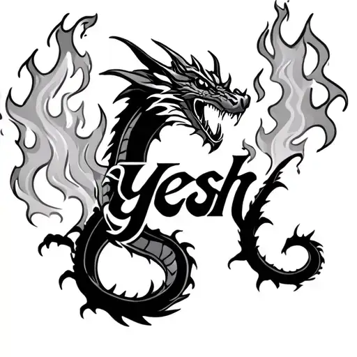 Dragon throwing flames with yesh written in flames with transparent background tattoo design idea