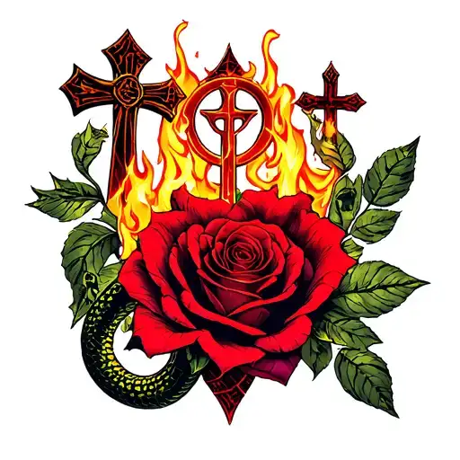 beautiful roses, wired hearts (red ink), fire flames, Aquarius sign, money bows , dragon, a cross that stands out ,snake tattoo design idea