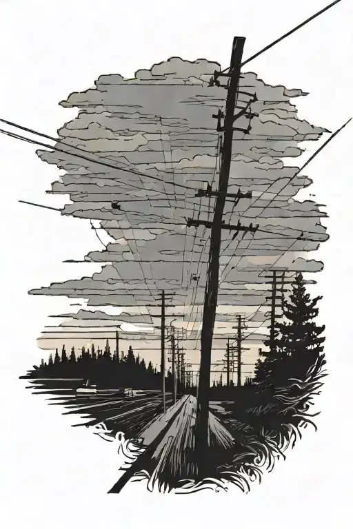 road at dusk, lined with tall wooden utility poles only on the left. Dark silhouettes contrast a faintly glowing sky tattoo design idea