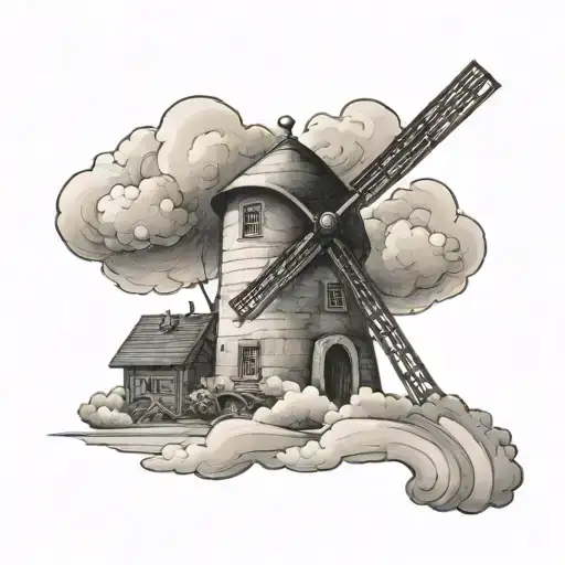 small windmill with clouds and rainbow tattoo design idea