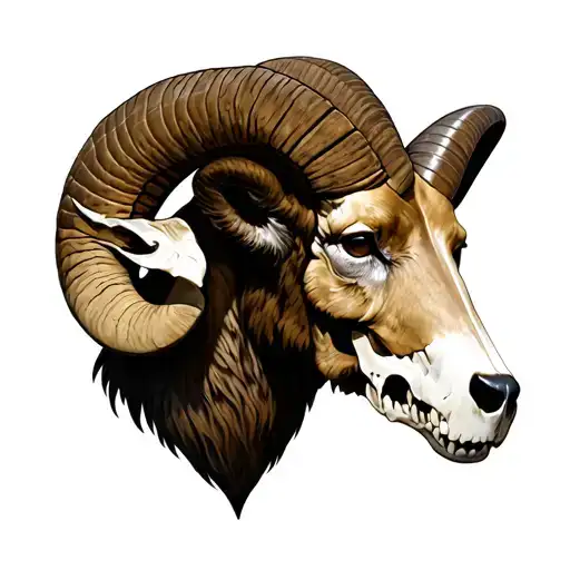 realistic ram head facing forward, wolf skulls emerging to it's horns tattoo design idea
