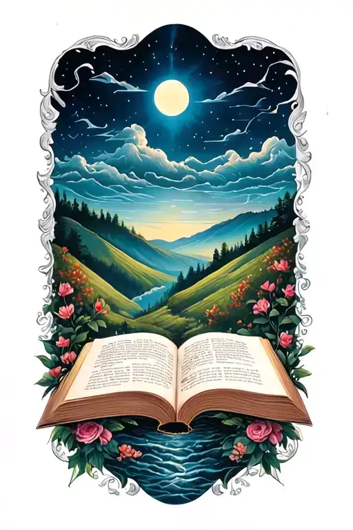 open book below hillside tattoo design idea