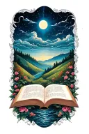 open book below hillside tattoo design idea