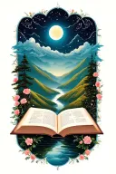 open book below hillside tattoo design idea