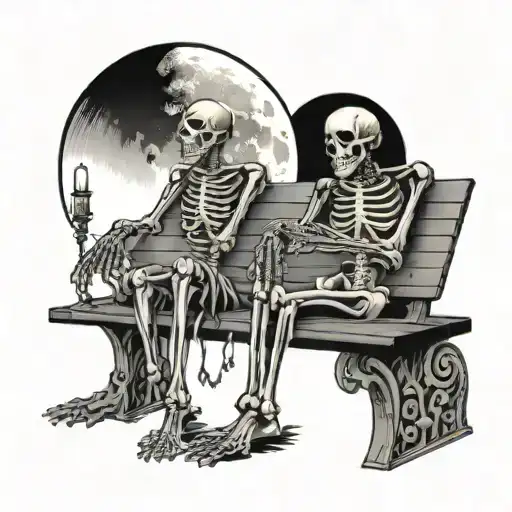 2 skeletons holding hands on a park bench in the moon light as a tarot card  tattoo design idea