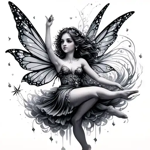 fairy flying with pixie dust tattoo design idea