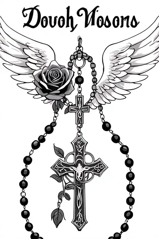 Rosary beads intertwined with cross, Wings, Realism, Rose tattoo design idea