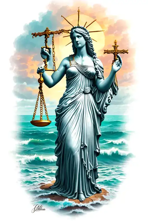 Lady justice with ocean scene tattoo design idea