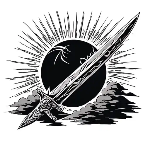 Sword in stone against the backdrop of the rays of the sun and clouds tattoo design idea