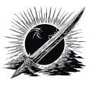 Sword in stone against the backdrop of the rays of the sun and clouds tattoo design idea