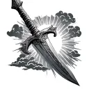 Sword in stone against the backdrop of the rays of the sun and clouds tattoo design idea