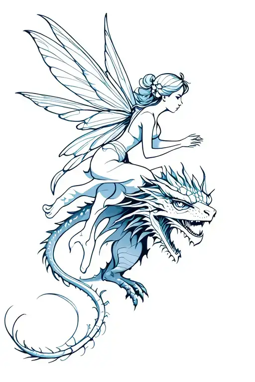 A minimalist tattoo of a fairy riding on the back of a dragon, with a subtle technological element incorporated tattoo design idea
