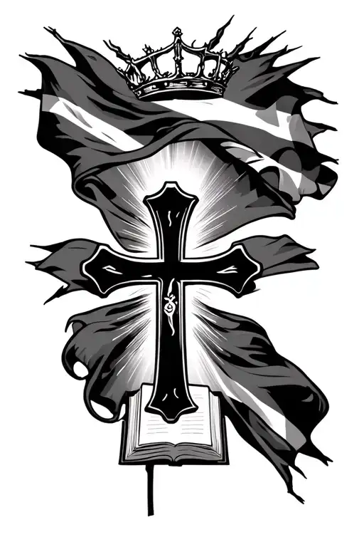 Jamaican and Puerto Rican flags flowing like fabric, Christian cross with radiant light, crown of thorns, open Bible tattoo design idea