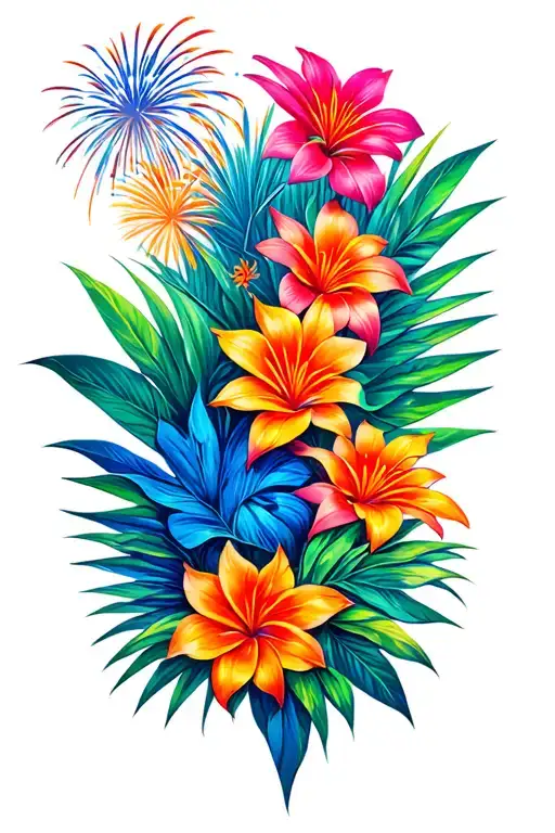 Fireworks and tropical flowers intertwined tattoo design idea