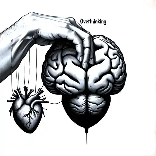 Realistic black & grey tattoo: “Overthinking” on top, hand holding strings like a puppet, attached to a brain and heart tattoo design idea
