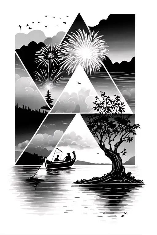 3 triangles with fireworks in one, a boat riding into a lake, and leaves falling on a tree in the other tattoo design idea