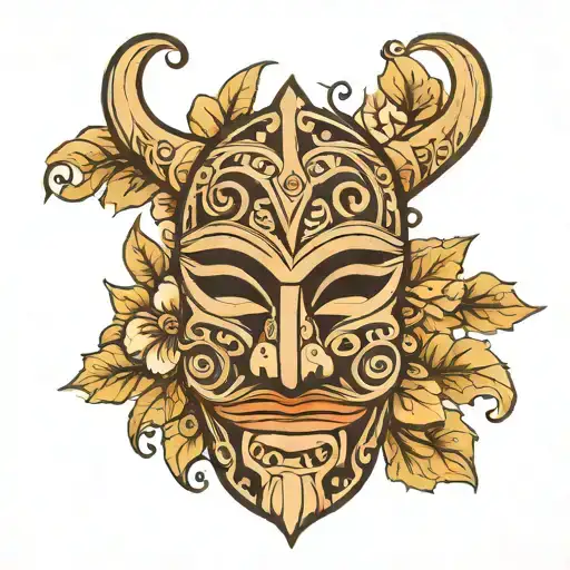 easy to draw wooden tribal mask with a flower background tattoo design idea