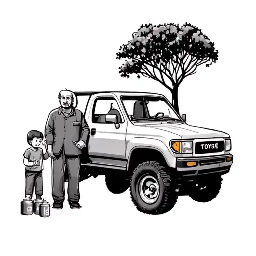 A small toyota truck with a grandfather and child standing next to it holding spray paint cans. with dates under truck tattoo design idea
