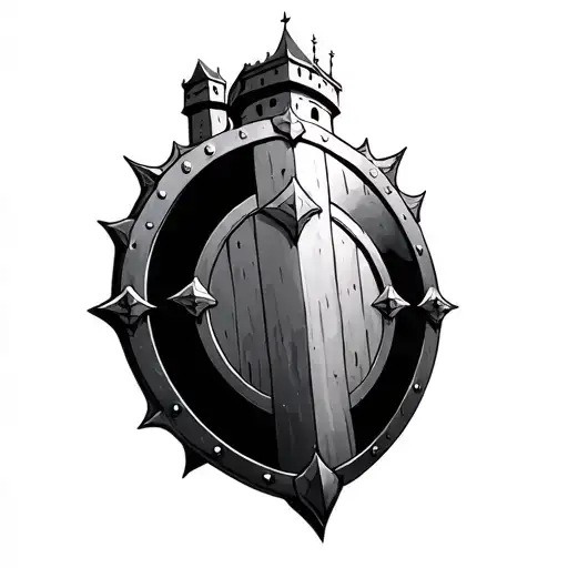 round shield with tower inside it  tattoo design idea