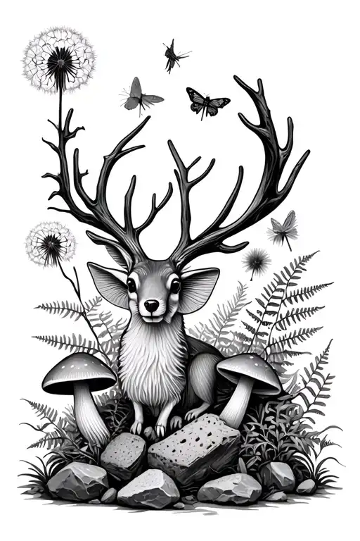 mushrooms made of bread, dandelions,fireflies glowing, a small jackalope, ferns, rocks, moth,framed in vines and twigs tattoo design idea