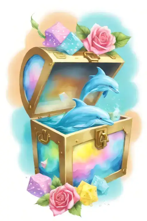 treasure chest smoking with ideas: Dolphins, D&D dice, paint palette tattoo design idea