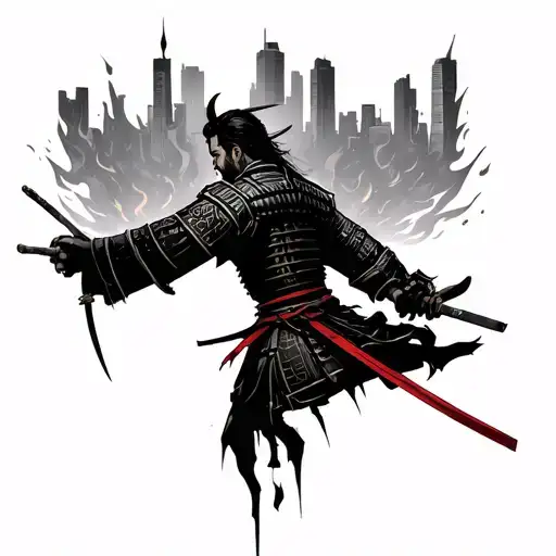 Samurai turned sideways on his hands, looks at the modern city covered by fire tattoo design idea