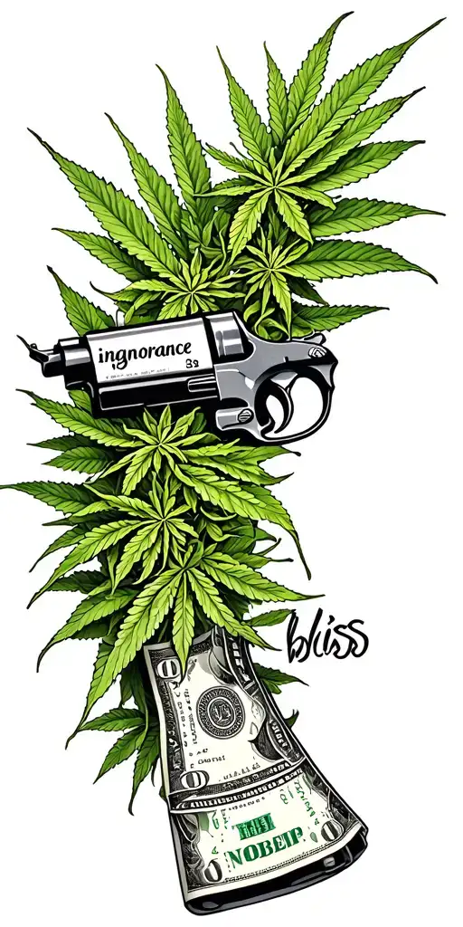 "ignorance is bliss" money, marijuana, sawed off shotgun, amputee tattoo design idea