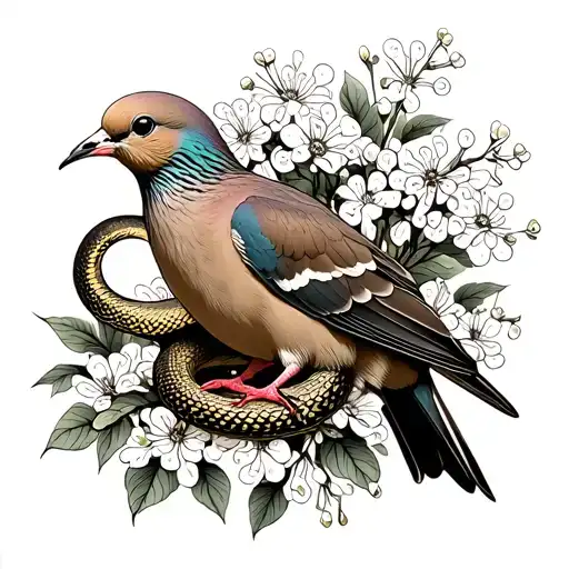 Mourning dove with baby's breath flower and snake tattoo design idea