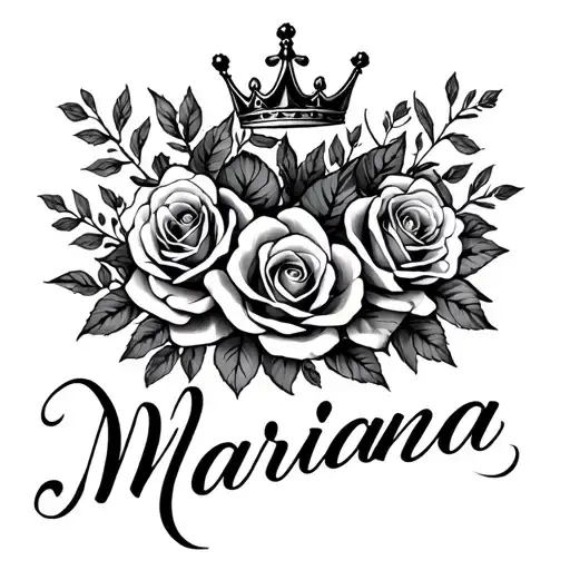 the name mariana with crown and roses blooming tattoo design idea