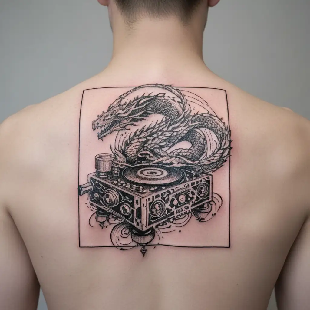 A DJ turntable with intricate dragon designs, representing your passion for music and DJing. tattoo design idea