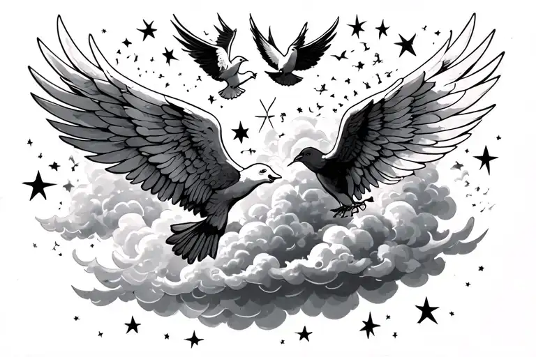 Wings, Couds, stars, Doves fly up towards clouds and writing tattoo design idea