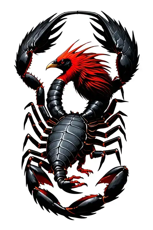 a black scopion with a gohost like phinex bird looks like its came from the scorpions tail and the phinex being red but  tattoo design idea