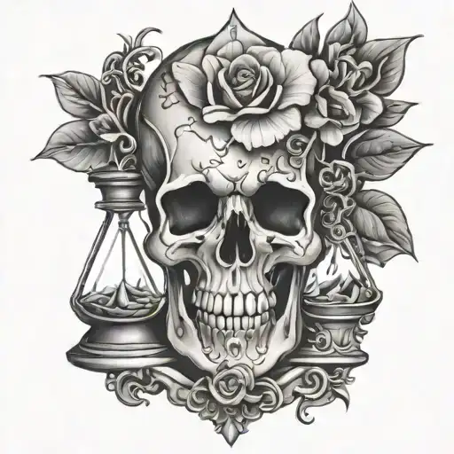 hourglass skull flower tattoo design idea
