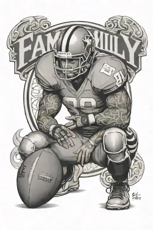 A black-grey tattoo of a football player kneeling in prayer, with the word 'family' written in cursive above, symbolizing the client's devotion to both football and family values tattoo design idea