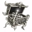 a heart with a half opened treasure chest inside it with a cross coming out of it with rays of sunshine tattoo design idea