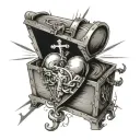 a heart with a half opened treasure chest inside it with a cross coming out of it with rays of sunshine tattoo design idea