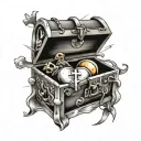 a heart with a half opened treasure chest inside it with a cross coming out of it with rays of sunshine tattoo design idea