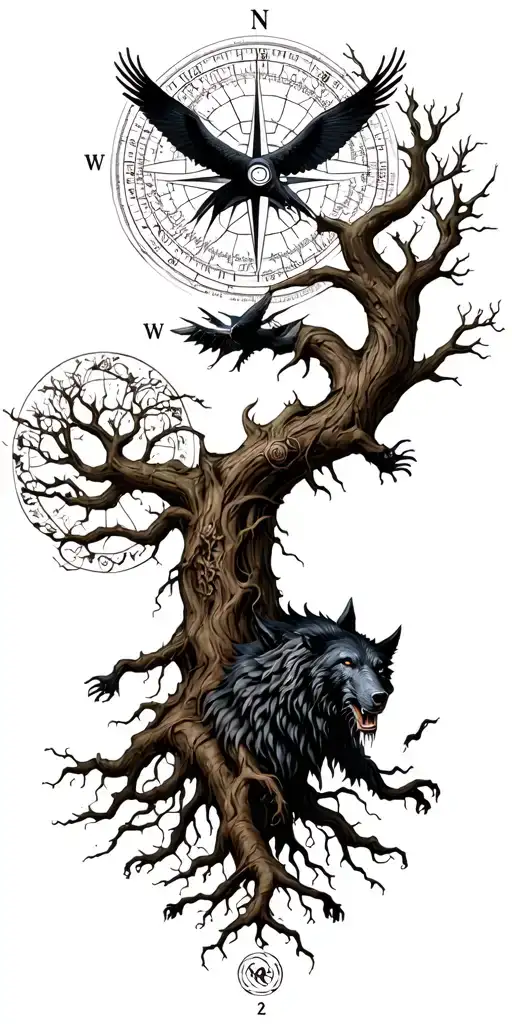 yggdrasil the world tree with a norse compass tangled in the roots. Hugin and Munin are flying above, fenrir below tattoo design idea